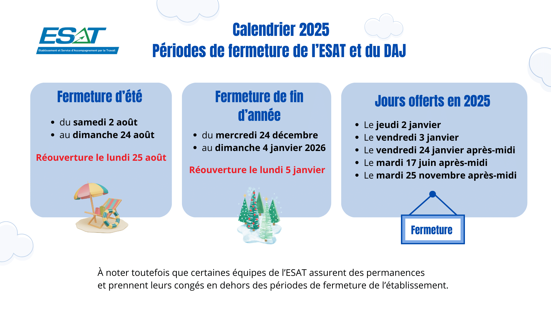 Dates de fermeture ESAT 2025